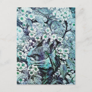 BIRD NEST ,TREE WITH WHITE BLUE SPRING FLOWERS ANNOUNCEMENT POSTCARD