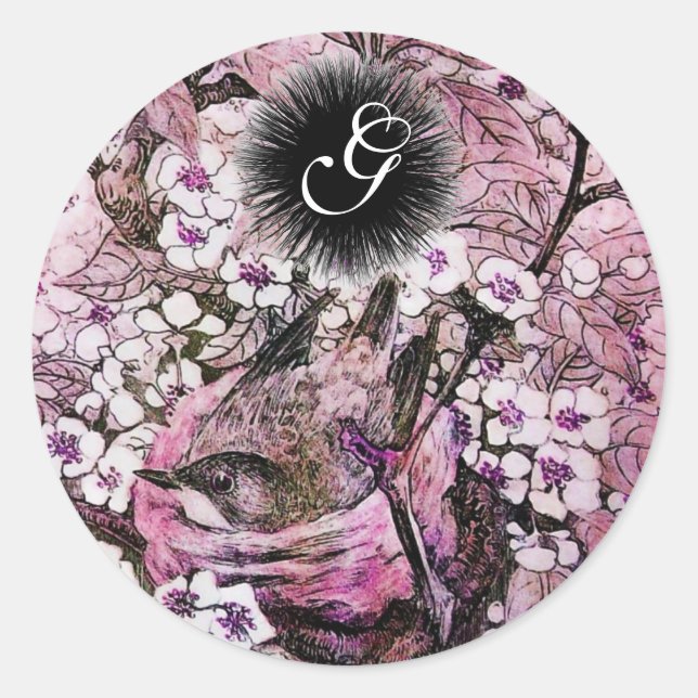 BIRD NEST ,TREE WITH WHITE PINK FLOWERS MONOGRAM CLASSIC ROUND STICKER (Front)