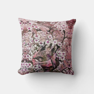 BIRD NEST ,TREE WITH WHITE PINK SPRING FLOWERS CUSHION