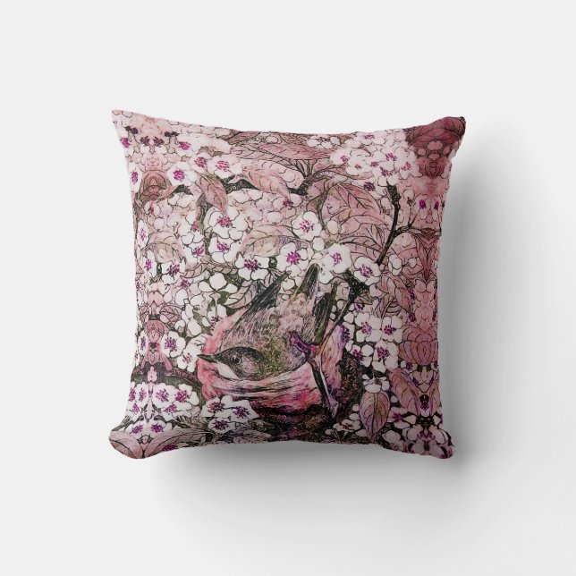 BIRD NEST ,TREE WITH WHITE PINK SPRING FLOWERS CUSHION (Front)