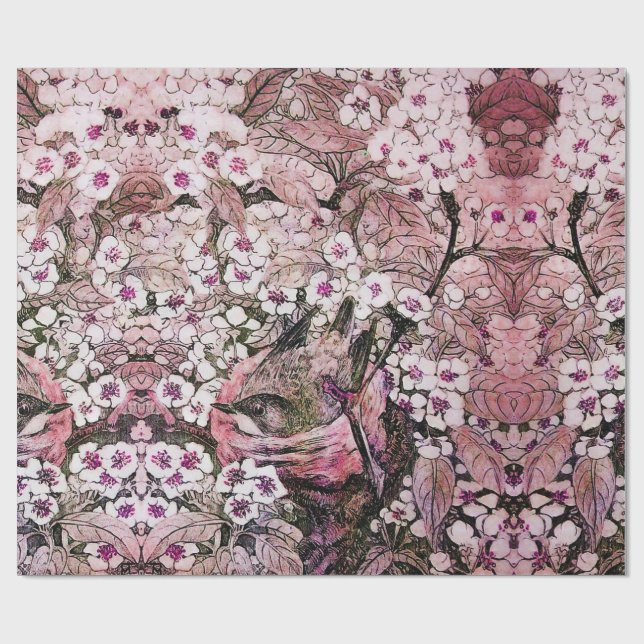 BIRD NEST ,TREE WITH WHITE PINK SPRING FLOWERS WRAPPING PAPER (Flat)