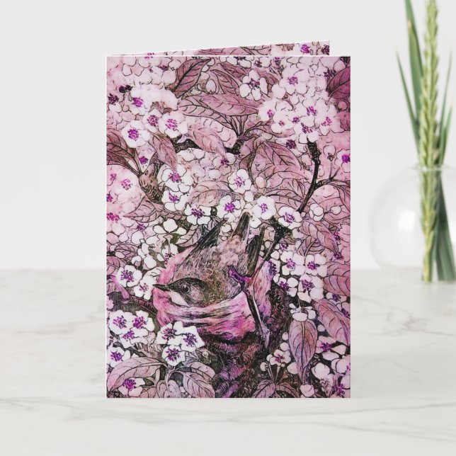 BIRD NEST ,TREE WITH WHITE RED PINK SPRING FLOWERS HOLIDAY CARD (Front)