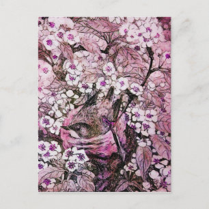 BIRD NEST ,TREE WITH WHITE RED PINK SPRING FLOWERS POSTCARD
