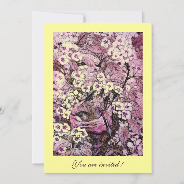 BIRD NEST,TREE WITH YELLOW RED PINK SPRING FLOWERS INVITATION (Front)