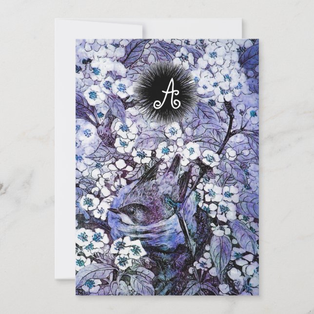 BIRD NEST,WHITE BLUE SPRING FLOWERS MONOGRAM ANNOUNCEMENT (Front)