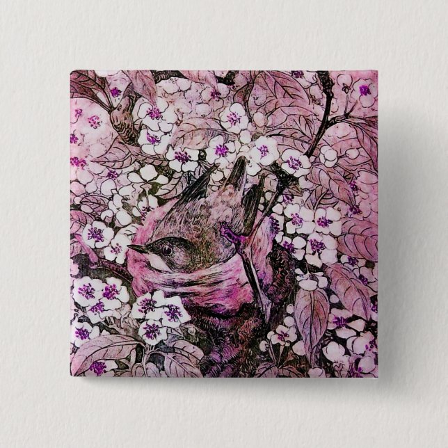 BIRD NEST ,white red pink violet 15 Cm Square Badge (Front)