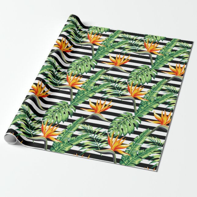 Bird of Paradise Black White Stripes Wrapping Pape Paper (Unrolled)