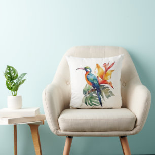 Bird of Paradise, colourful phantasy bird 'n flowe Cushion