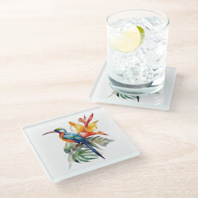 Bird of Paradise, colourful phantasy bird 'n flowe Glass Coaster (Angled)