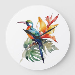 Bird of Paradise, colourful phantasy bird 'n flowe Large Clock