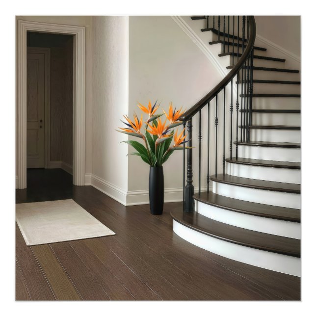 Bird of Paradise Floral Arrangement By a Staircase Photo Print (Front)