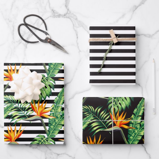 Bird of Paradise Floral Stripes Wrapping Paper Sheet (Front)