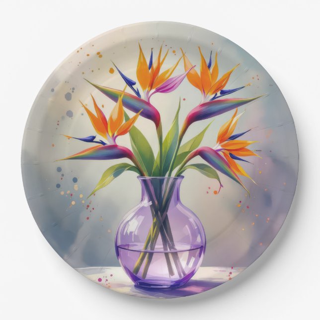Bird of Paradise Flower Bouquet In Watercolor Paper Plate (Front)