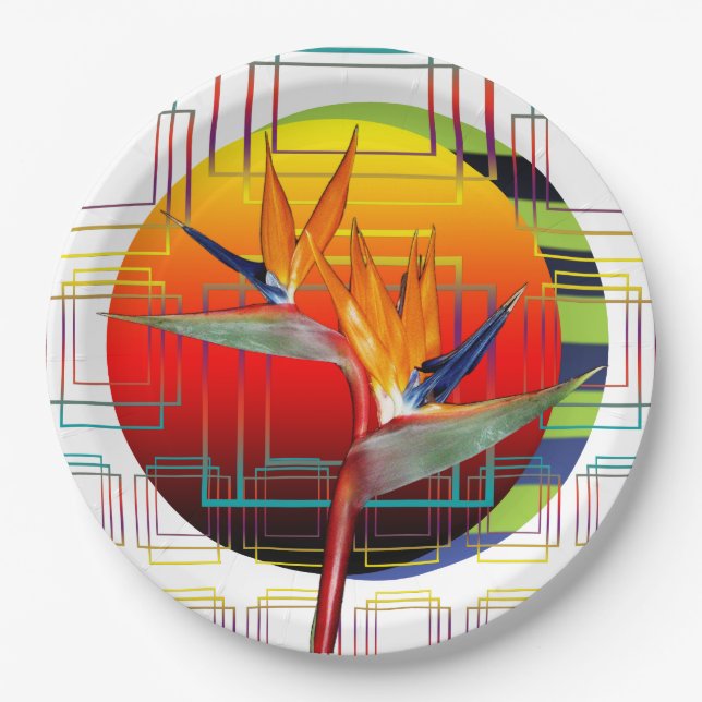 Bird of Paradise Flower Geometric Tropical Party Paper Plate (Front)