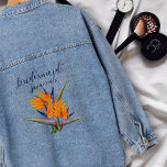 Bird of Paradise Flowers Bridesmaid Name Denim Jacket<br><div class="desc">Bridesmaid denim jacket with orange, bird of paradise flowers design and personalisation. Wording and exotic flowers image is on the back. "Bridesmaid" text is in dark blue script with a place for her name beneath. Bright orange flowers with dark blue and green leaves make a bold and beautiful design and...</div>