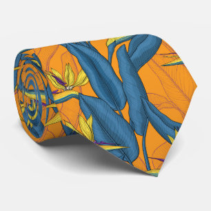Bird of paradise flowers on orange tie