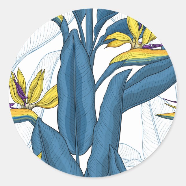 Bird of paradise flowers on white classic round sticker (Front)