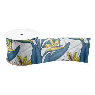 Bird of paradise flowers on white satin ribbon
