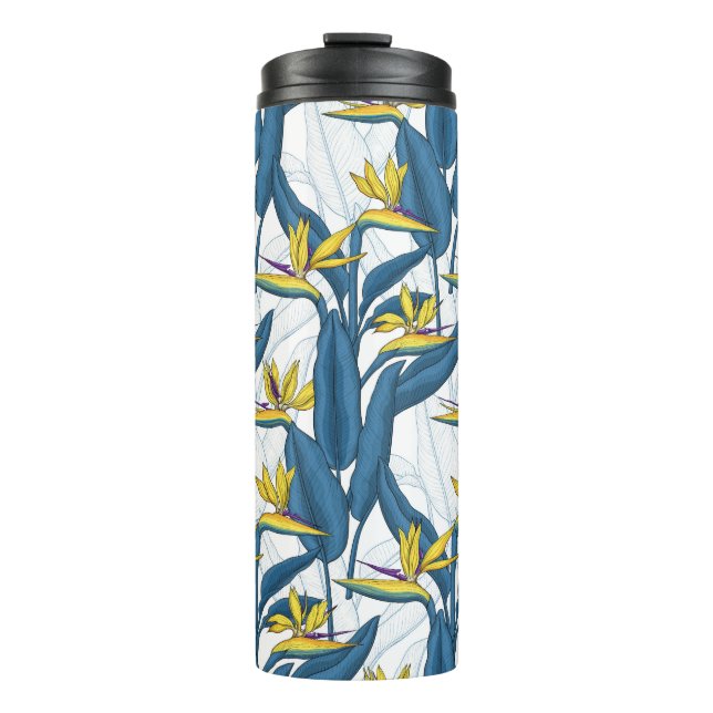 Bird of paradise flowers on white thermal tumbler (Front)