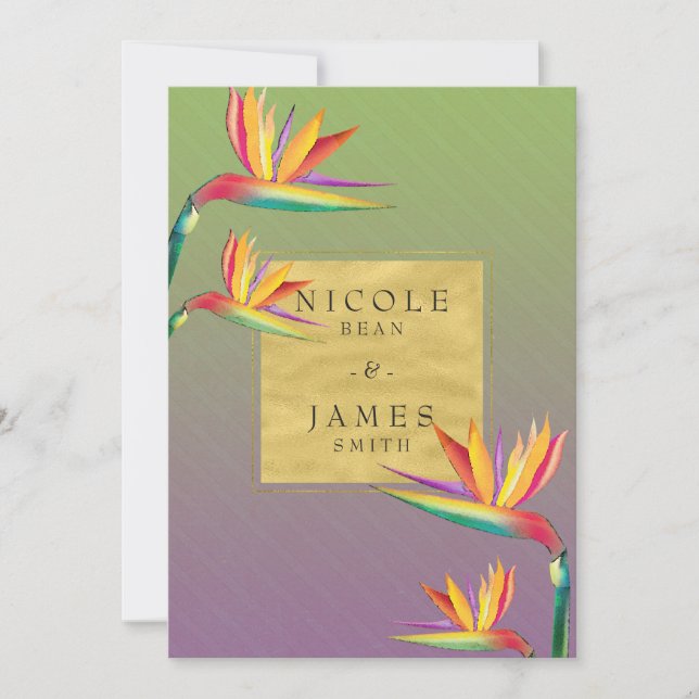 Bird of Paradise Gold Purple & Green Wedding Invitation (Front)
