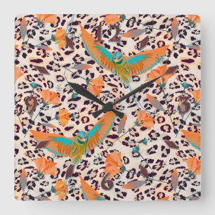 Bird of Paradise, leopard skin, Coral and turquois Square Wall Clock
