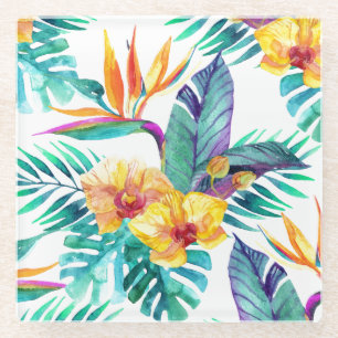 Bird Of Paradise & Orchid Pattern 2 Glass Coaster