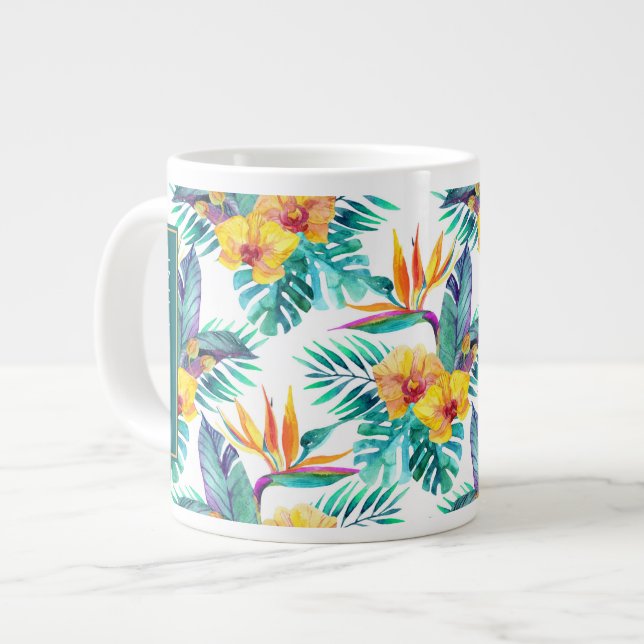 Bird Of Paradise & Orchid Pattern | Add Your Name Large Coffee Mug (Front Left)