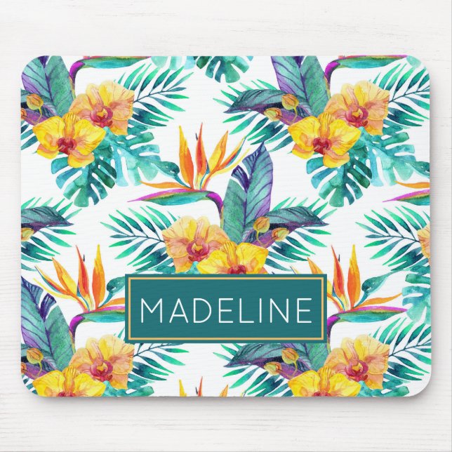 Bird Of Paradise & Orchid Pattern | Add Your Name Mouse Pad (Front)