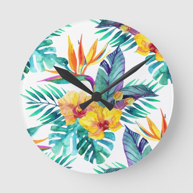 Bird Of Paradise & Orchid Pattern Round Clock (Front)