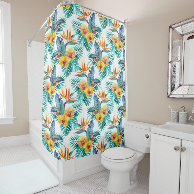 Bird Of Paradise & Orchid Pattern Shower Curtain (In Situ)