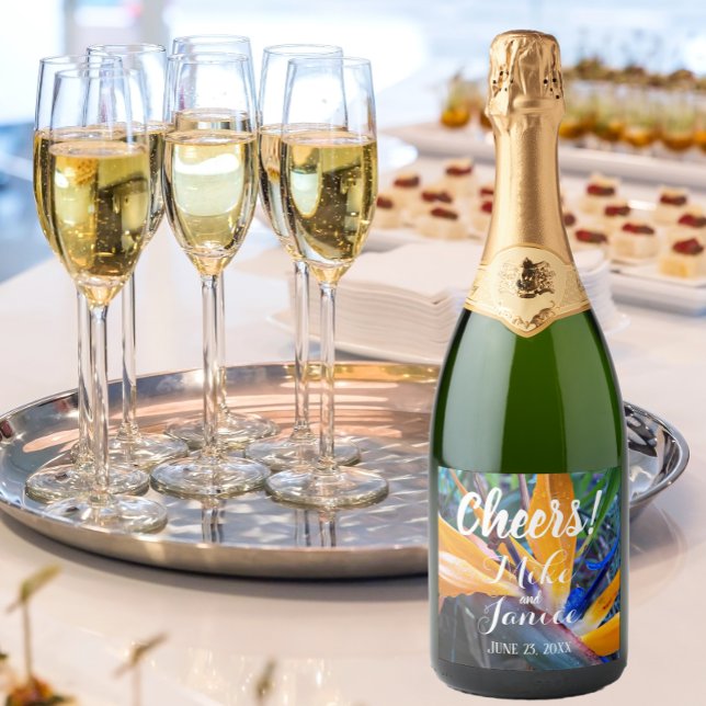 Bird of Paradise Plant Floral Wedding Sparkling Wine Label (In Situ Wedding)