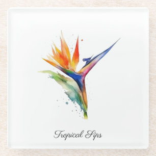 Bird of Paradise Watercolor, custom Glass Coaster
