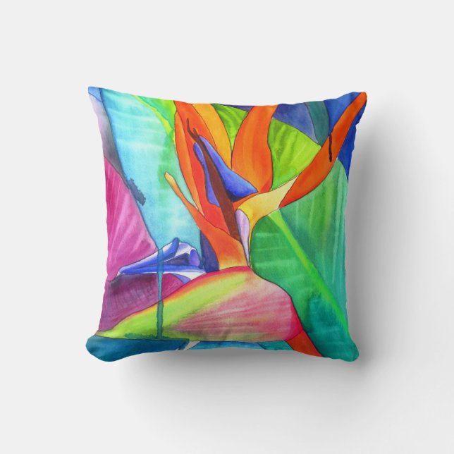 Bird of Paradise watercolour modern flower art Cushion (Front)