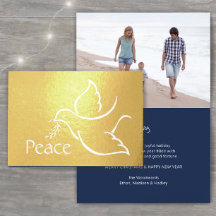 Bird of Peace Elegant Navy Blue Holiday Dove Photo Foil Card