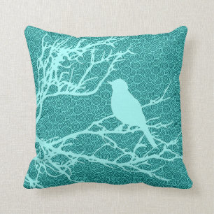 Bird on a Branch, Aqua Against Turquoise Cushion