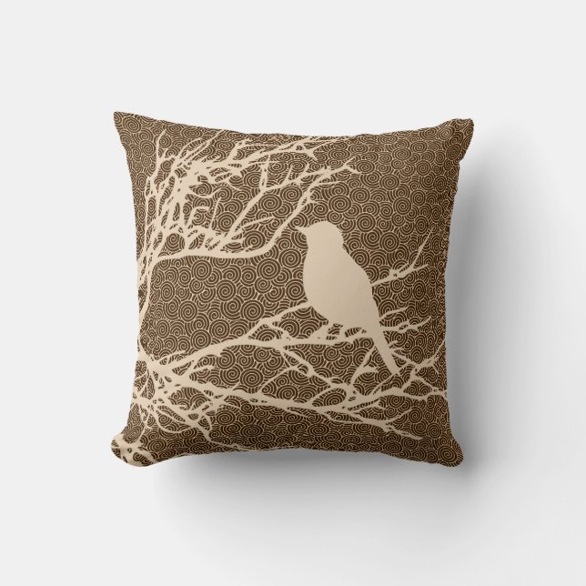 Bird on a Branch, Beige Against Brown Cushion (Front)