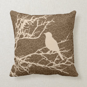 Bird on a Branch, Beige Against Brown Cushion