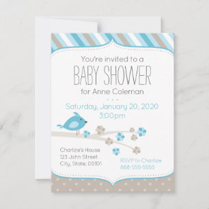 Bird on a Branch Blue Baby Shower Invitation