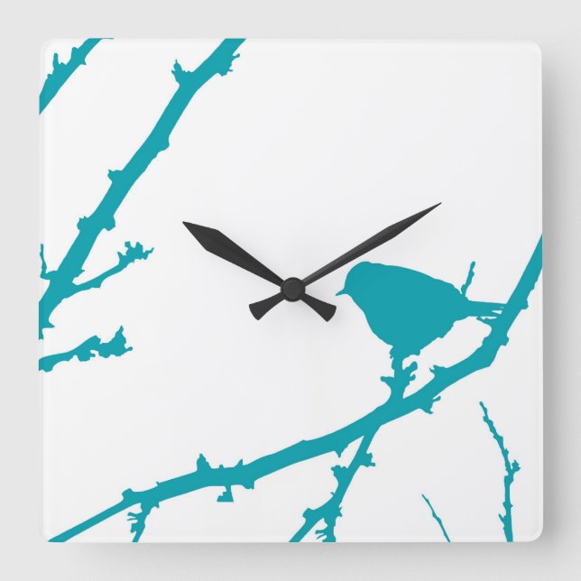 Bird on a Branch Silhouette_Turquoise Square Wall Clock (Front)