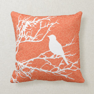 Bird on a Branch, White Against Coral Orange Cushion
