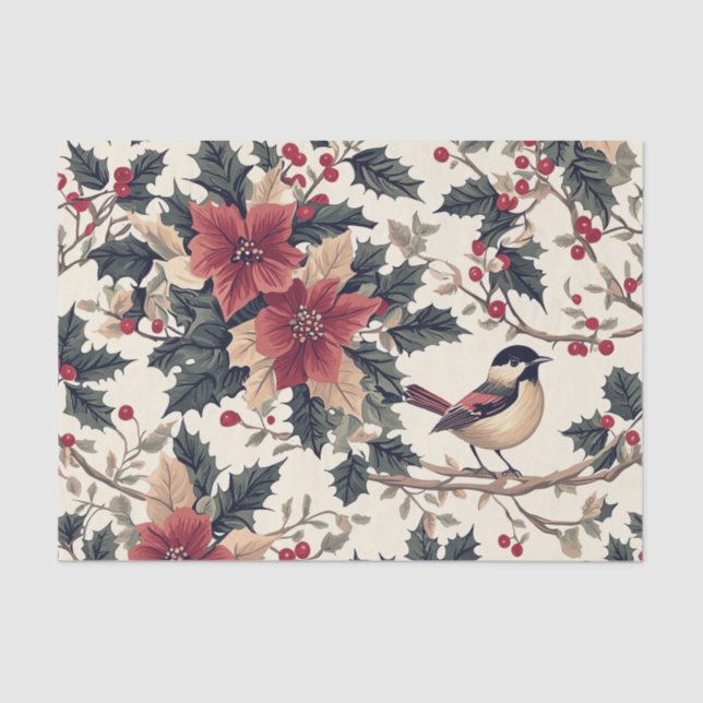 Bird on a Branch with Berries and Poinsettias Tissue Paper (Front)