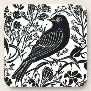 Bird on a Branch with Flowers in Black and White  Coaster