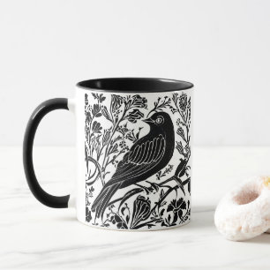 Bird on a Branch with Flowers in Black and White Mug