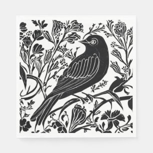 Bird on a Branch with Flowers in Black and White  Napkin
