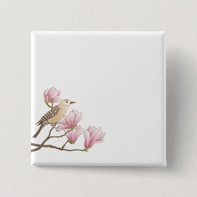 Bird on a Pink Magnolia Branch Sketch Pin Button (Front)