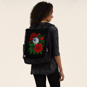 Bird on a red peony bouquet backpack