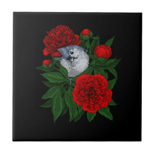 Bird on a red peony bouquet ceramic tile