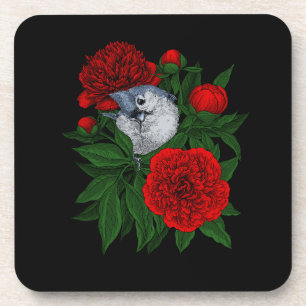 Bird on a red peony bouquet coaster