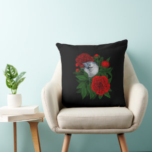 Bird on a red peony bouquet cushion