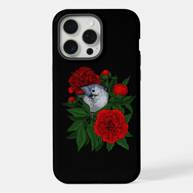 Bird on a red peony bouquet iPhone case (Back)